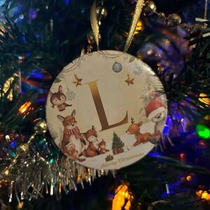 Christmas Ornament with Letter L and Woodland Animals